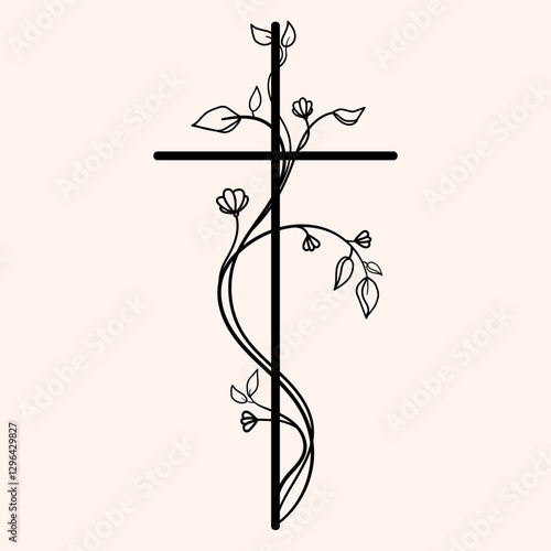 Minimalist Christian cross entwined with a delicate floral vine featuring leaves and blooming flowers. Symbolizing faith, renewal, for religious designs, invitations,tattoos,prints.Vector illustration