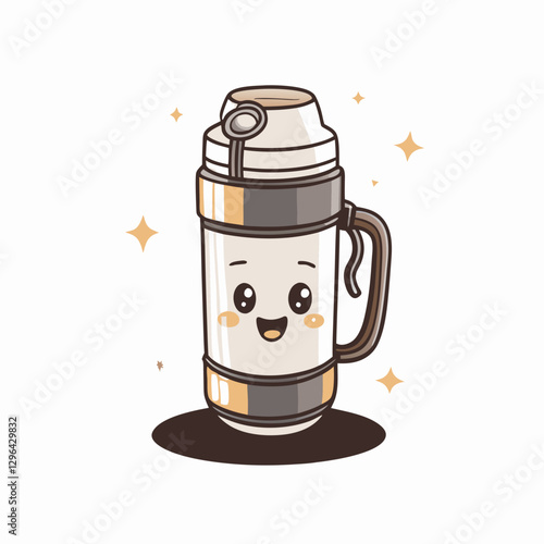 Cute smiling thermos on white background, joyful refreshment