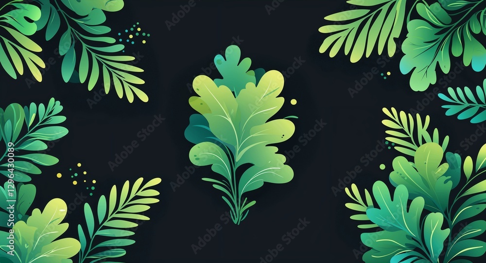 Obraz premium green decorative patterns abstract cartoon on plain dark black background illustration