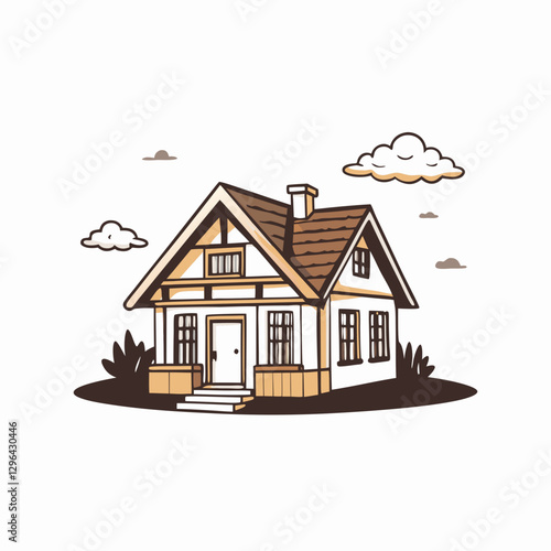 Charming house illustration with clouds and greenery, cozy living