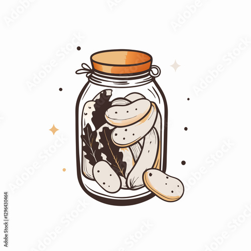 Pickles in jar with herbs, homemade preservation concept