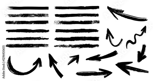 Hand drawn ink chalk marker arrows doodle sketch set collection isolated on white background.