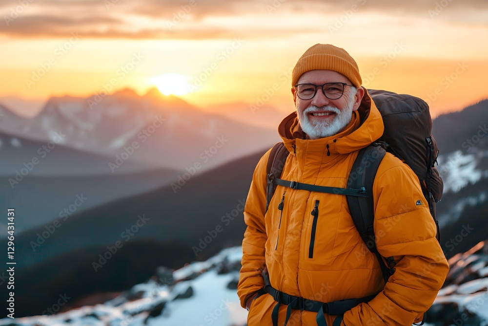 Elderly man hiking at sunset with mountains in the background. Generative AI Elderly man hiking at sunset with mountains in the background. Generative AI