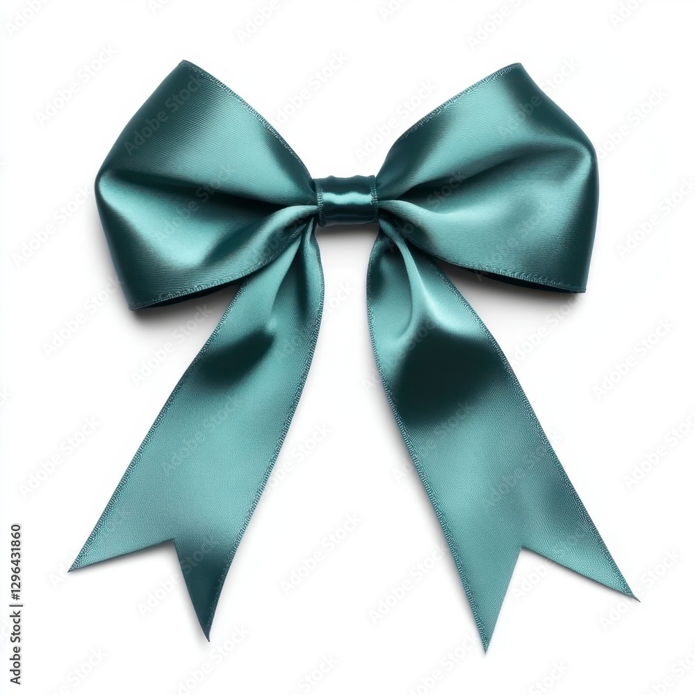 Elegant Teal Satin Bow with Streamlined Tails on White Background Elegant Teal Satin Bow with Streamlined Tails on White Background