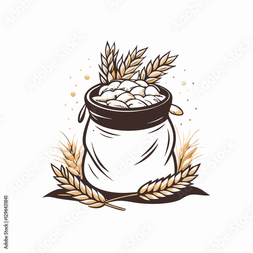 Wheat sack overflowing with grains and wheat stalks, harvest abundance