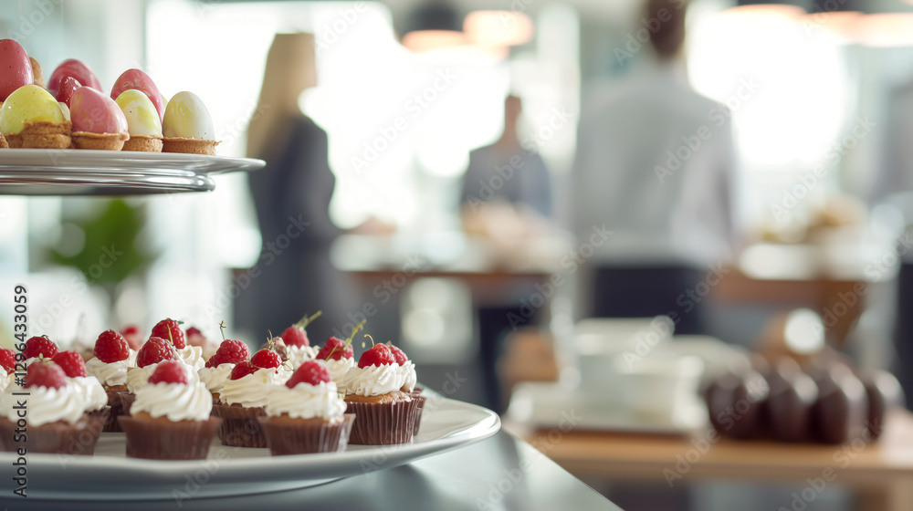 Selection of desserts like small cakes and pastries on a tiered stand, ready for a buffet in a light-filled, airy setting. Selection of desserts like small cakes and pastries on a tiered stand, ready for a buffet in a light-filled, airy setting.