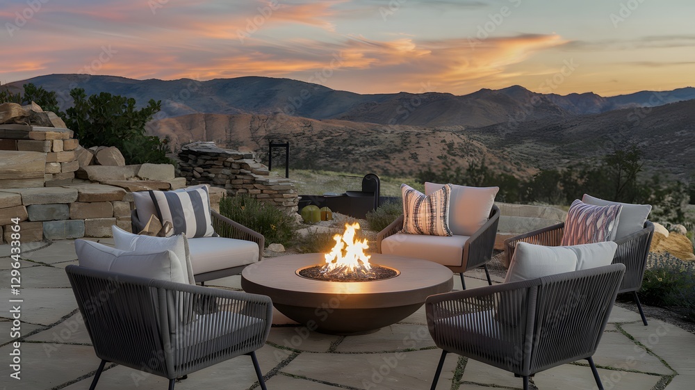 custom made wallpaper toronto digitalA fire pit table with a cozy seating arrangement, displayed outdoors.