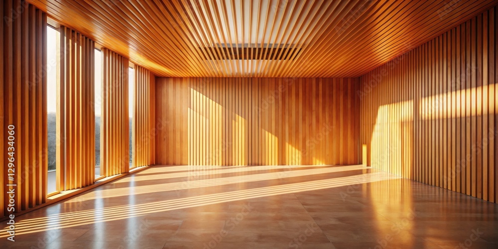 Obraz premium Sunlit Wooden Room Interior Design with Slatted Walls and Ceiling
