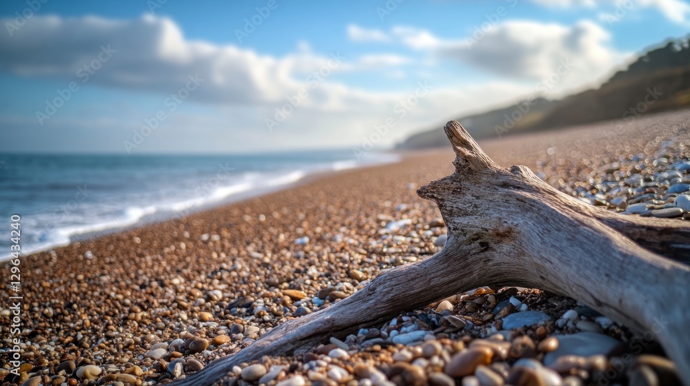 Fototapeta premium Tranquil Beach Scene with Driftwood and Pebble Shoreline at Dusk