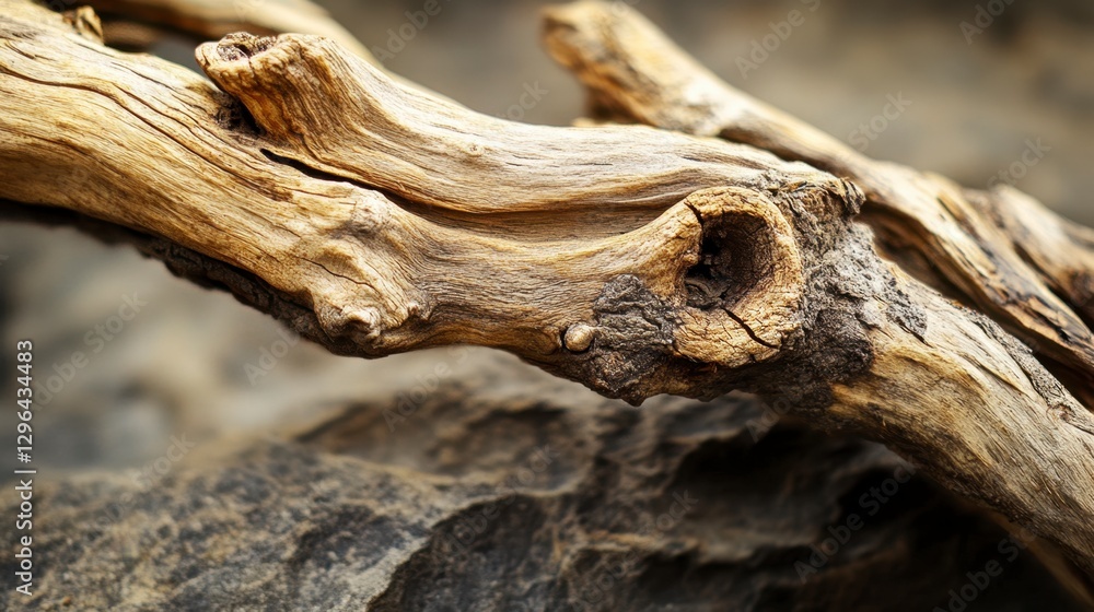 Twisted Natural Driftwood Log on a Textured Stone Surface Twisted Natural Driftwood Log on a Textured Stone Surface
