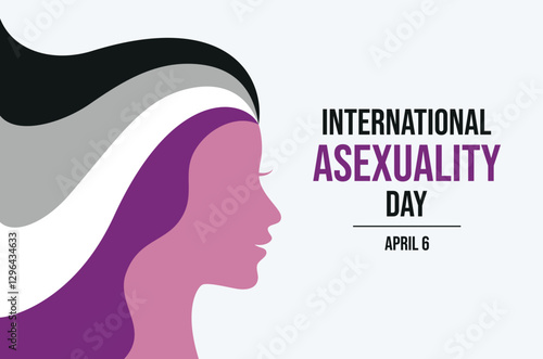 International Asexuality Day poster vector illustration. Female head in profile with long rainbow hair icon. LGBT asexual pride flag symbol. April 6. Important day