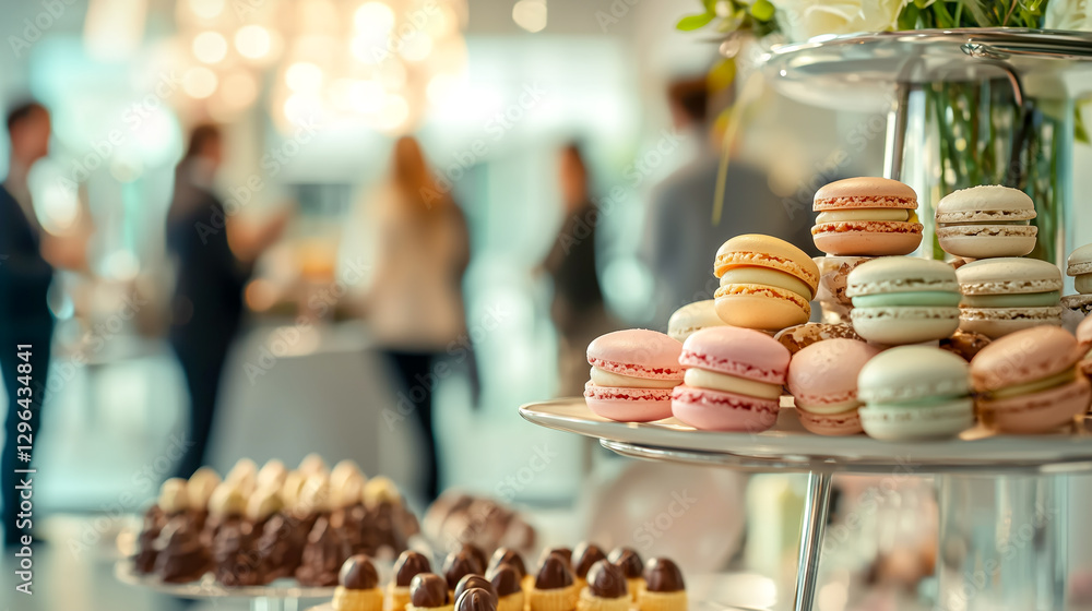 Elegant dessert display: Macarons & chocolate treats, beautifully arranged for a sophisticated gathering with blurred figures. Elegant dessert display: Macarons & chocolate treats, beautifully arranged for a sophisticated gathering with blurred figures.