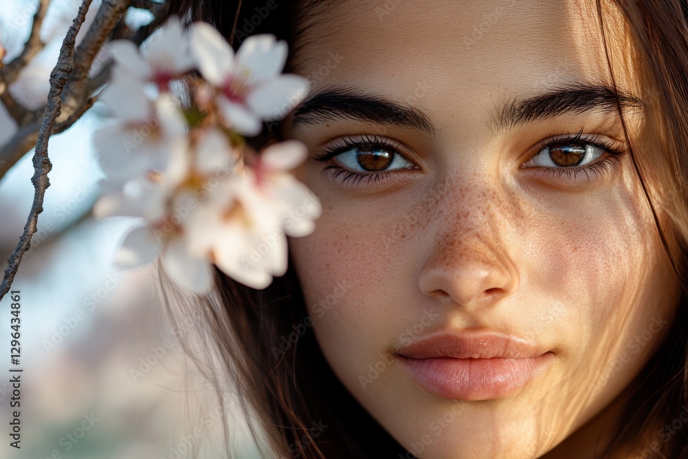A portrait of a girl with freckles joyfully posing amidst beautiful cherry blossoms, perfectly capturing the joy of childhood and the beauty of nature in springtime. A portrait of a girl with freckles joyfully posing amidst beautiful cherry blossoms, perfectly capturing the joy of childhood and the beauty of nature in springtime.