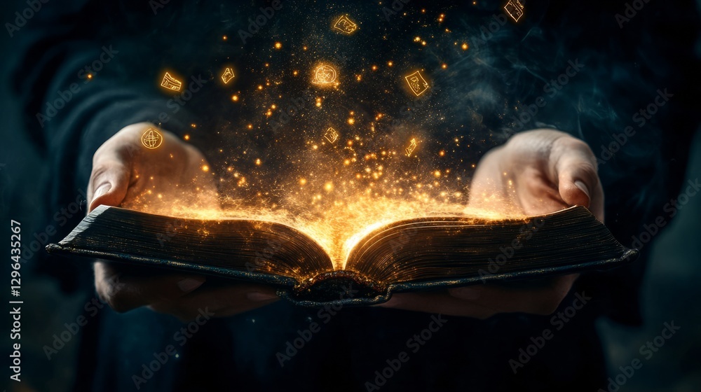Obraz premium Magician opening a glowing spell book with magical symbols flying out