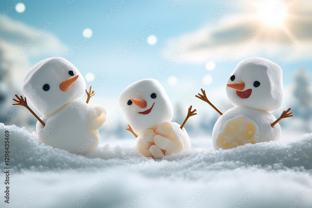 Three cute snowmen made of marshmallows and jello play joyfully in snow, surrounded by winter wonderland. Their cheerful expressions and playful poses evoke sense of fun and delight Three cute snowmen made of marshmallows and jello play joyfully in snow, surrounded by winter wonderland. Their cheerful expressions and playful poses evoke sense of fun and delight