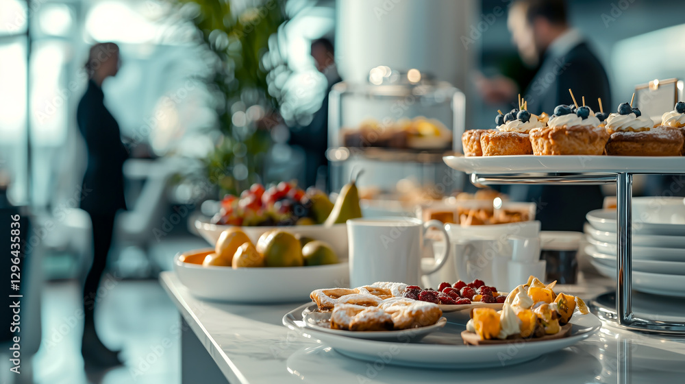 Naklejka premium Elegant breakfast buffet with pastries, fruit, and beverages creates a refined and inviting atmosphere for any morning gathering.