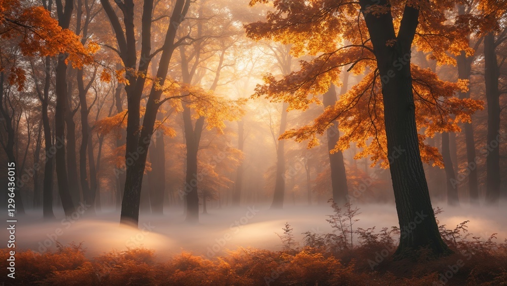 Fototapeta premium Majestic autumn forest bathed in golden light with mist blankets covering the ground in peaceful tranquility
