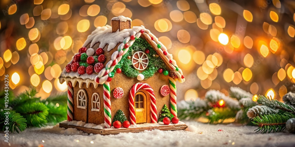 Naklejka premium Festive Gingerbread House with Candy Canes & Wreath - Christmas Stock Photo