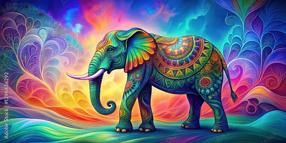 Obraz premium Vibrant Ornate Elephant Majestically Strolling Through a Dreamlike Landscape of Swirling Hues and Intricate Patterns