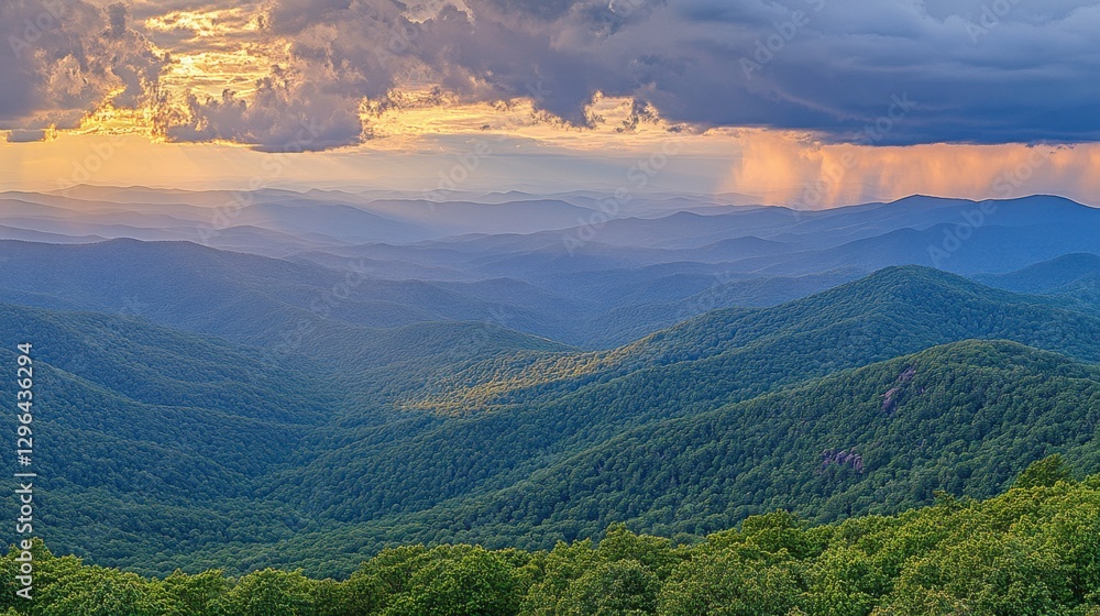 Fototapeta premium Golden Evening Light Over Majestic Mountain Range