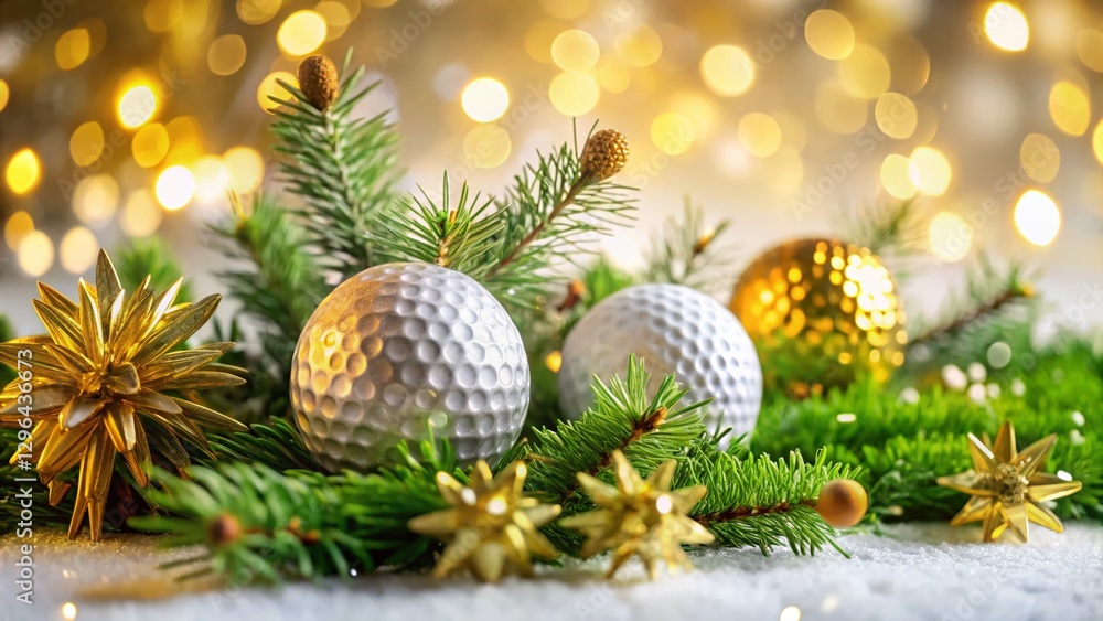 Festive Golf Background: Gold Snowflakes, Pine Branches, Golf Balls & Clubs on White Festive Golf Background: Gold Snowflakes, Pine Branches, Golf Balls & Clubs on White
