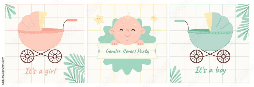 Cute Gender Reveal Invitation posters with Baby and Carriages