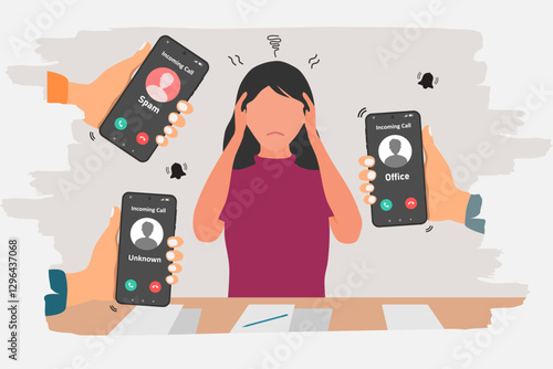 A busy woman is disturbed by the many incoming phone calls. Hand holding a smartphone with incoming call from unknown, spam, and office. Vector illustration.