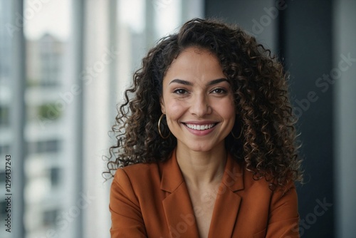 Close up photo portrait of beautiful Latin American woman with curly hair , businesswoman inside office building smiling and looking at camera.