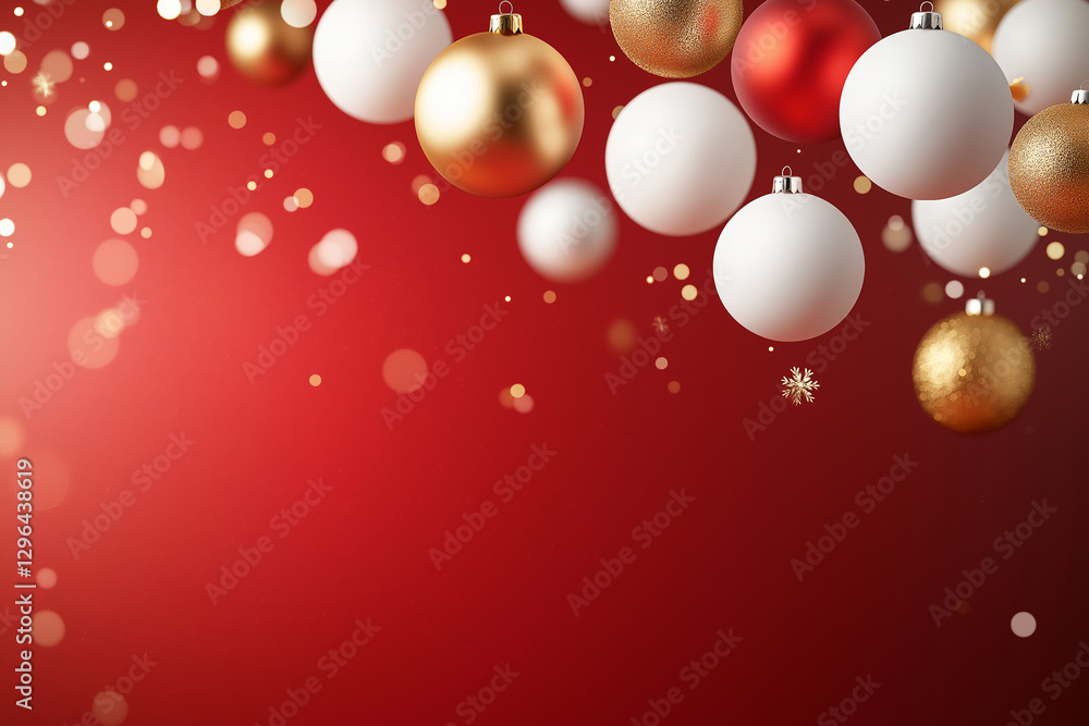 Bright red background with white, gold, and red Christmas ornaments floating, creating festive atmosphere. Perfect for holiday celebrations and decorations Bright red background with white, gold, and red Christmas ornaments floating, creating festive atmosphere. Perfect for holiday celebrations and decorations