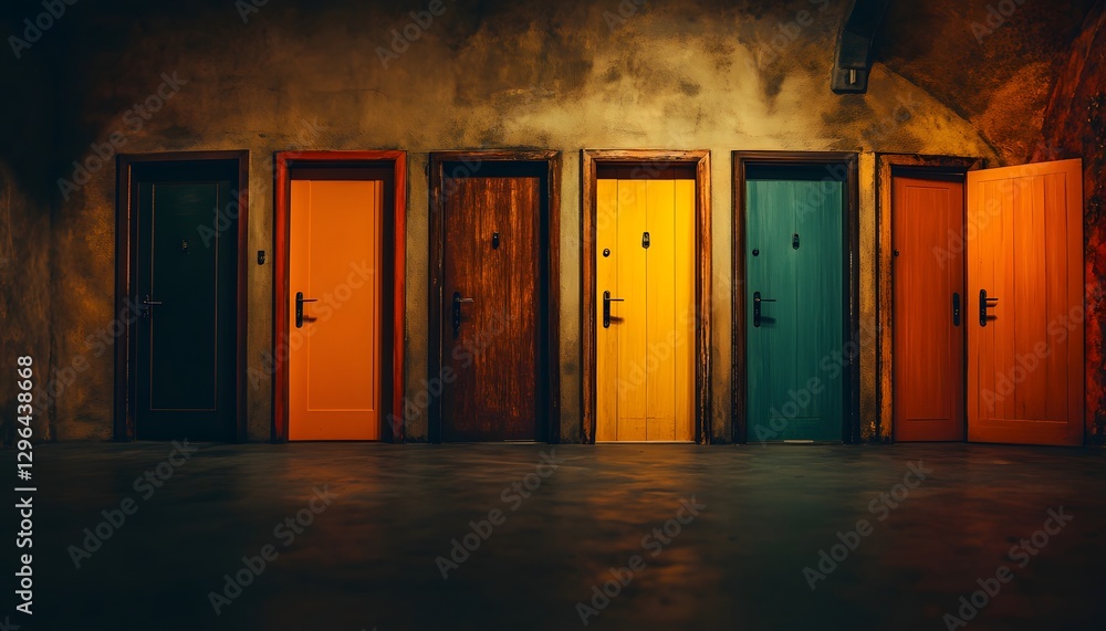 Obraz premium Row of vibrant colored doors against a textured concrete wall