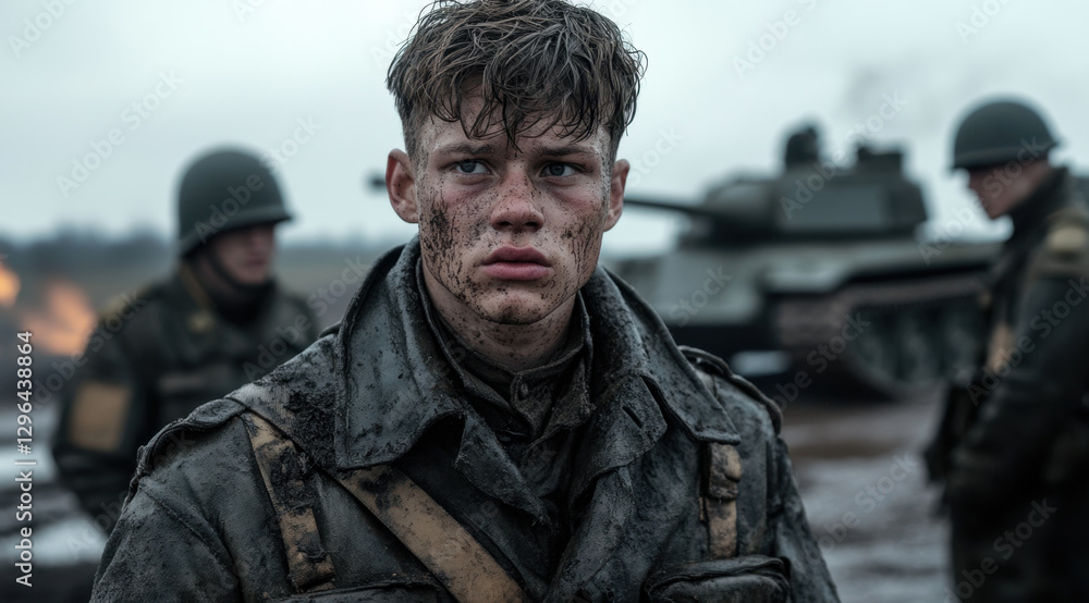 Obraz premium Soldiers face the harsh realities of war in a gritty, cinematic atmosphere, showcasing their determination and the toll of conflict under a cloudy sky
