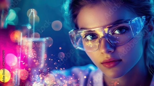 Wallpaper Mural A young woman, her brow furrowed in concentration, delves into the mysteries of science within a vibrant lab, her focused gaze reflecting the intellectual energy of the scientific endeavor. Torontodigital.ca