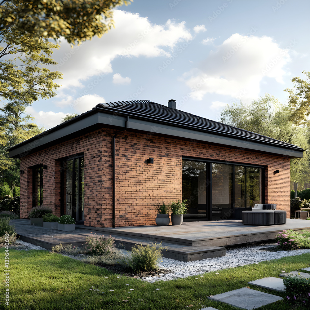 Modern family brick house bungalow that is half-built, bricks can be seen Modern family brick house bungalow that is half-built, bricks can be seen