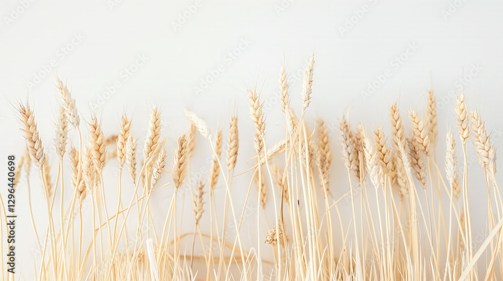 Obraz premium A detailed close-up of golden wheat stalks with delicate textures, set against a minimalistic white background in soft lighting