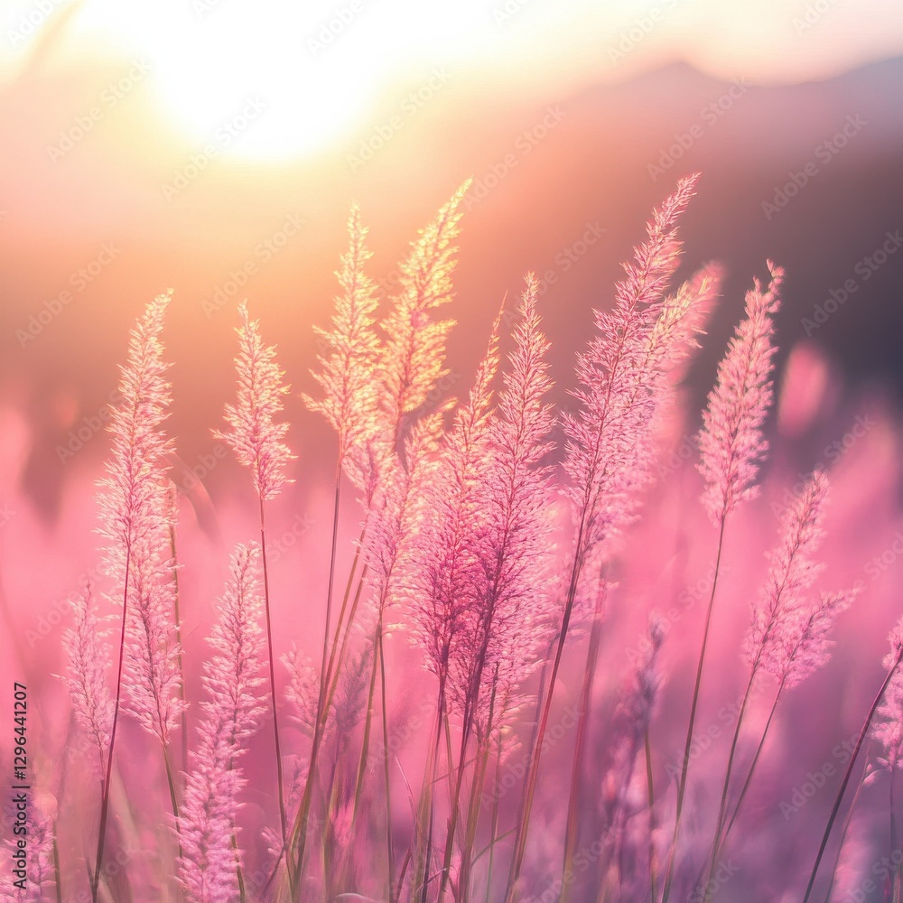 Beautiful pink grass flower in the field with sunset, Nature soft light blur filter and vintage tone, Selective focus. Beautiful pink grass flower in the field with sunset, Nature soft light blur filter and vintage tone, Selective focus.