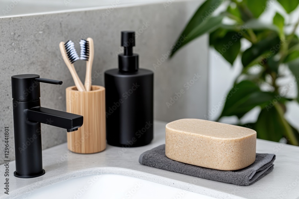 Naklejka premium A stylish display of bathroom essentials, including soap and towels, set against a backdrop of natural elements, signifies the importance of comfort and self-care.