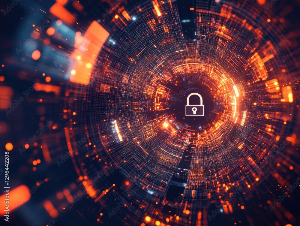 High tech digital security with lock symbol in center of binary code High tech digital security with lock symbol in center of binary code