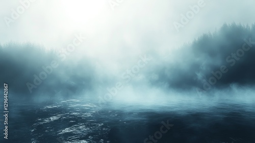 Mystical foggy lake scene with trees and mysterious overcast sky