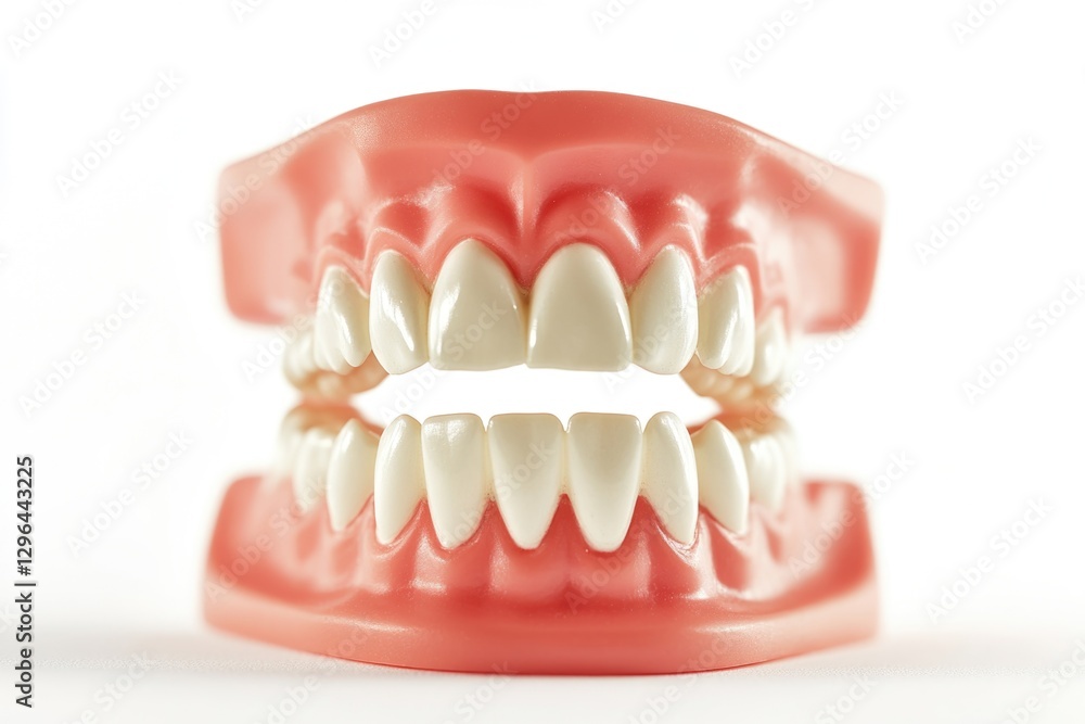Clear plastic teeth model showing upper and lower dentition for educational or training purposes. Clear plastic teeth model showing upper and lower dentition for educational or training purposes.