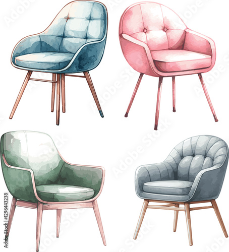 Set of Watercolor vector illustrations of modern chairs