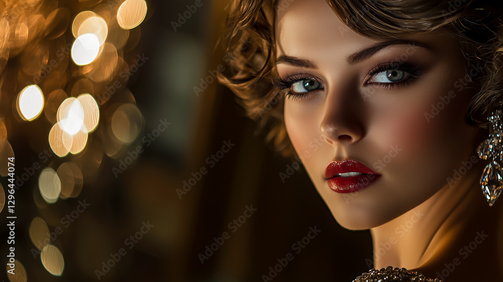 Fototapeta premium Elegant Woman with Vintage Glamour: Close-up portrait showcasing sophisticated style and captivating beauty in a dark background.