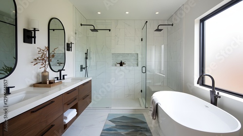 Modern guest bathroom with a floating vanity, a walk-in shower, and contemporary fixtures.
