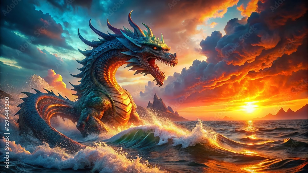 Fiery Sunset Sea Monster: Mythical Creature Rising from Ocean Waves Fiery Sunset Sea Monster: Mythical Creature Rising from Ocean Waves