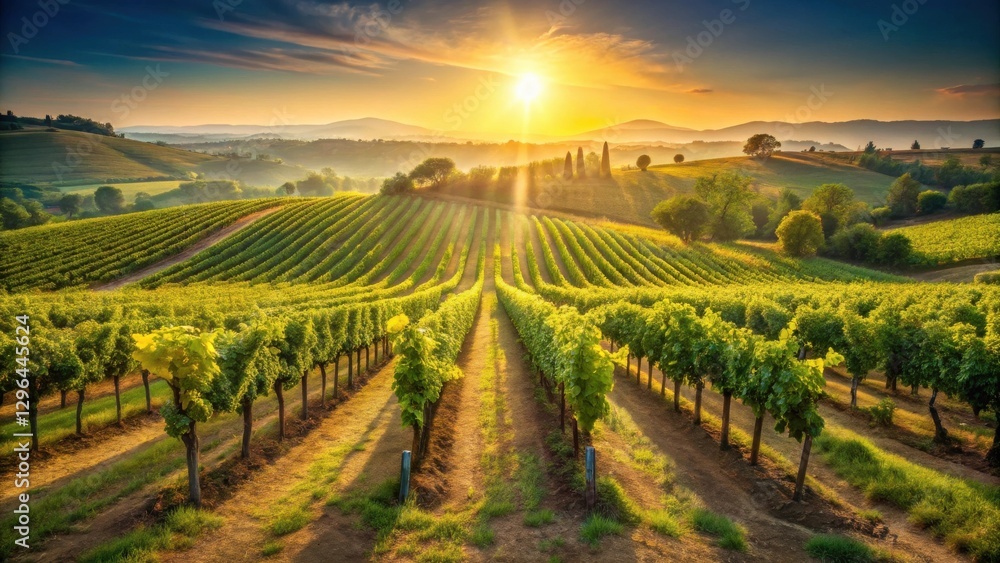 custom made wallpaper toronto digitalGolden Hour Vineyard Rows at Sunrise Lush Green Vines Basking in Warm Sunlight, Serene Rolling Hills in the Distance