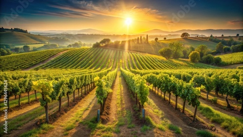 Wallpaper Mural Golden Hour Vineyard Rows at Sunrise Lush Green Vines Basking in Warm Sunlight, Serene Rolling Hills in the Distance Torontodigital.ca