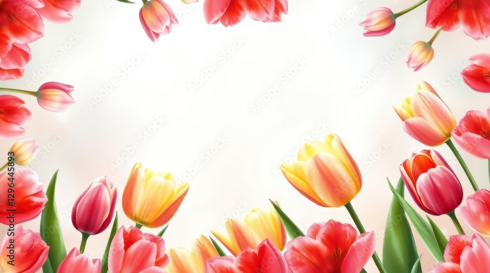 Fototapeta premium Vibrant tulip blooms create a stunning floral border with soft, dreamy background hues in springtime beauty