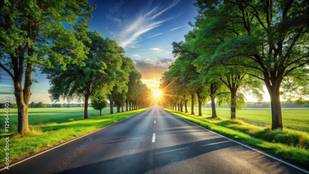 Fototapeta premium Asphalt road lined with lush green trees leading towards a vibrant sunset horizon
