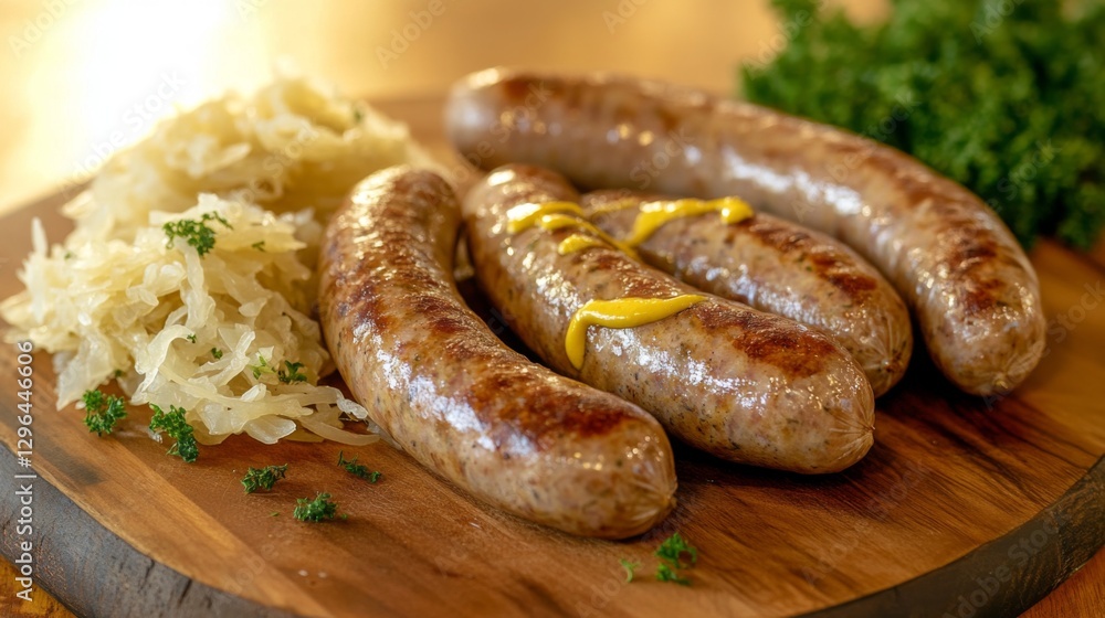 An inviting shot of a sausage platter served with sauerkraut and mustard, beautifully arranged on a wooden table, perfect for a hearty German-style meal An inviting shot of a sausage platter served with sauerkraut and mustard, beautifully arranged on a wooden table, perfect for a hearty German-style meal