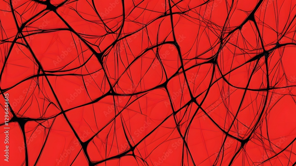 Abstract artwork composed of interconnected dark lines on red Abstract artwork composed of interconnected dark lines on red