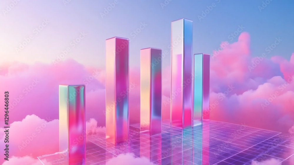 Fototapeta premium A D bar chart with metallic, gradient bars rising from a financial graph, showing growth and progress, with a modern digital interface in the background